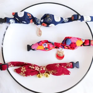 Collares elegantes para gatos con estampado japonés, collar con forma de Orejas de conejo para gatos, decoración de primavera, suministros para cachorros, ropa para el cuello, accesorios para gatos
